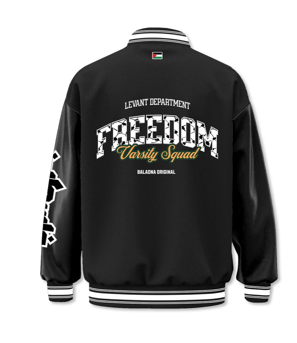Pre-order: Freedom Varsity Squad Jacket – All-Black PU Leather Sleeves Edition