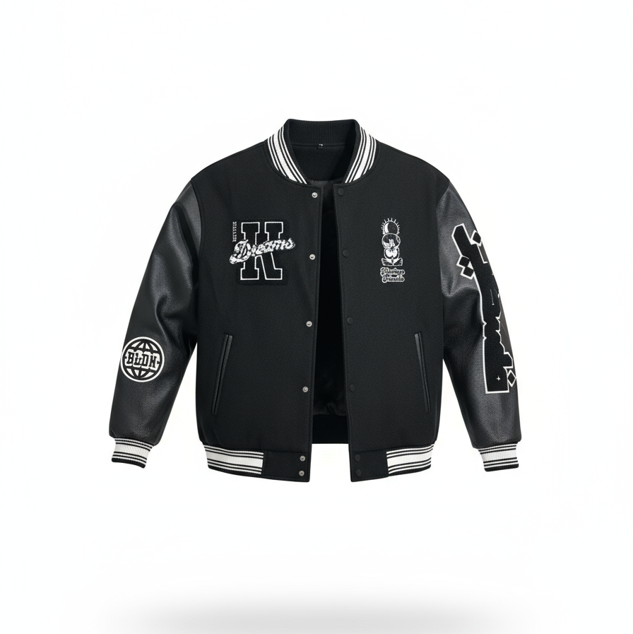 Freedom Varsity Squad Jacket – All-Black PU Leather Sleeves Edition