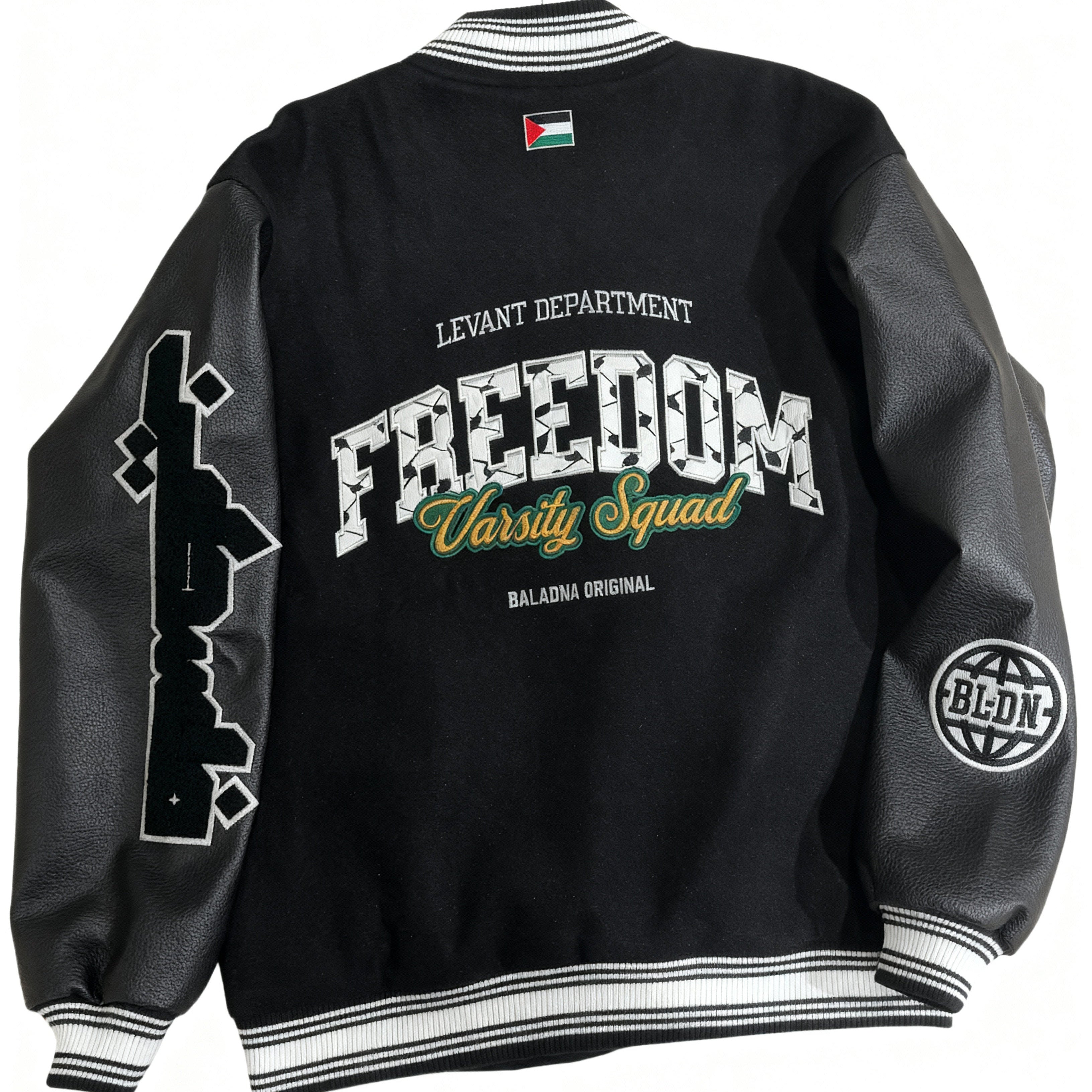 Freedom Varsity Squad Jacket – All-Black PU Leather Sleeves Edition