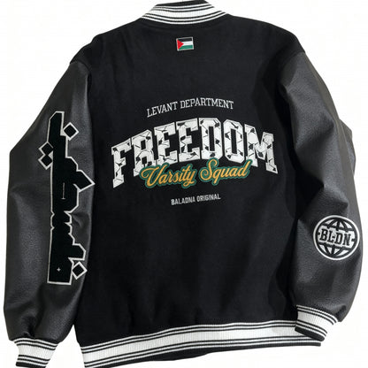 Freedom Varsity Squad Jacket – All-Black PU Leather Sleeves Edition